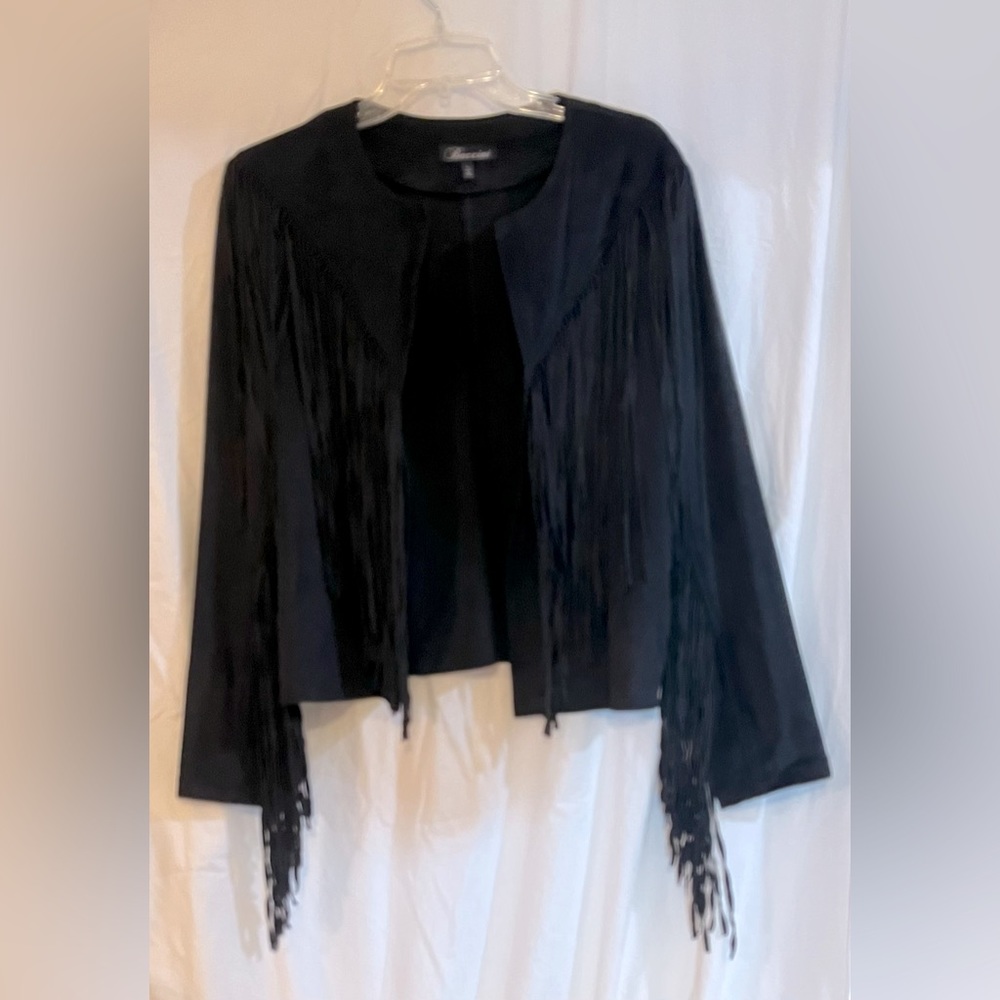 Black soft faux suede feel jacket with fringe size Large